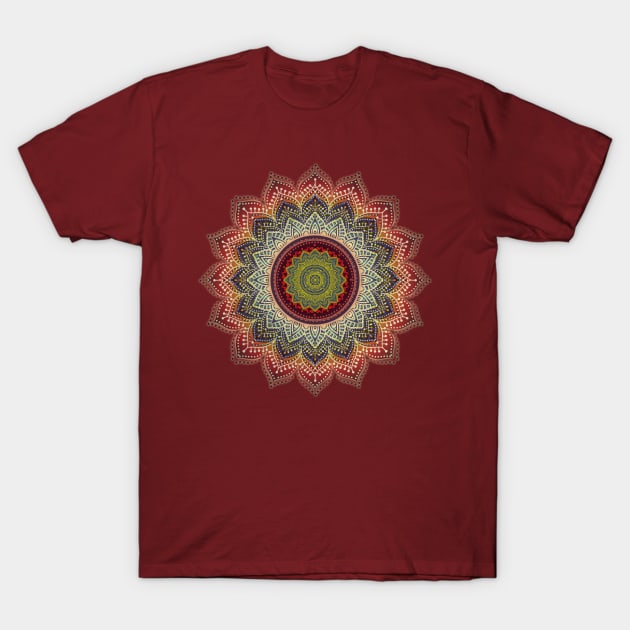 Folk Art Lotus Mandala Blue Red T-Shirt by EDDArt